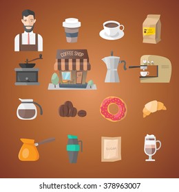 coffee flat icon set. barista, coffee beverages, beans, grinder, coffee shop, coffee machine, cup, coffee maker, doughnut, croissant, sugar. cartoon style collection
