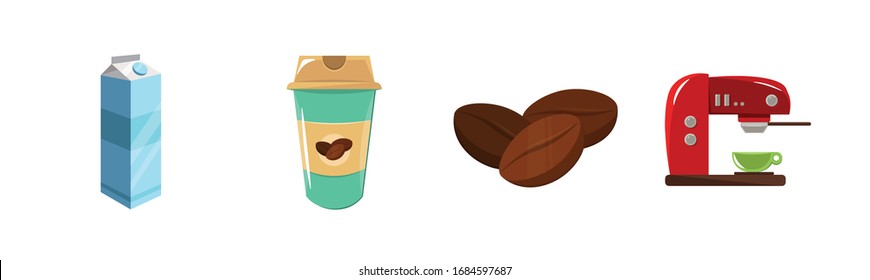 coffee flat icon set. coffee bean, turkish coffee, machine, disposable cup illustration design elements