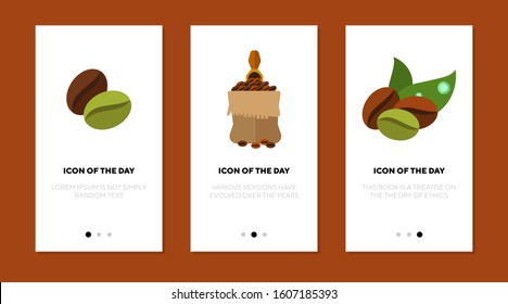 Coffee flat icon set. Green and roasted beans, sack, leaves. Coffee shop, organic coffee, production concept. Vector illustration symbol elements for web design