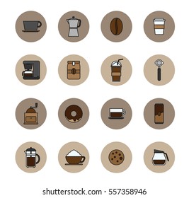 coffee flat icon set, illustration, vector, cafe, beverage, dessert, outline color
