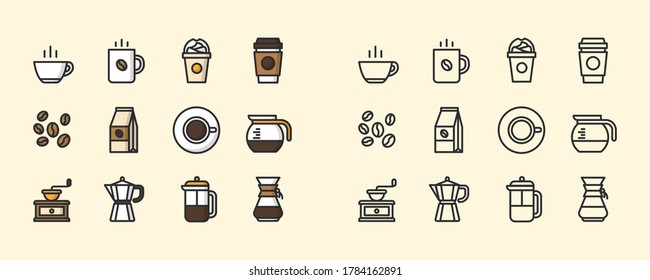 Coffee flat icons. Beans, hot cocktail and coffee maker machine. Espresso cup, cappuccino line icons. Latte vending machine and roasted beans. Linear set. Vector