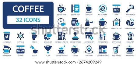 Coffee flat icons collection. Espresso, sugar, filter, no caffeine, caffeine, cup, latte, cappuccino sign set.