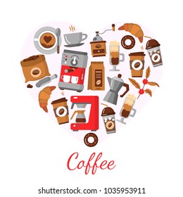 Coffee flat icons enclosed in the shape of heart. Simple Set of Coffee  Related Vector Line Icons. For restaurant menus and brand design. Hot drinks icons - coffeemaker machine, beans, cup, grinder.