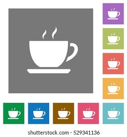 Coffee flat icons on simple color square background.