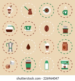 Coffee flat icons set with coffee-bulb turk french press isolated vector illustration
