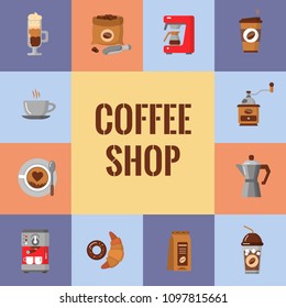 Coffee flat icons set. Modern icons for coffee shop and coffee house. Colorful template for your design. Coffee pot, cup, grinder, beans, and dessert. Vector illustration