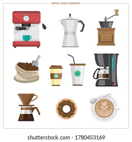 Coffee flat icons set. Flat modern icons for coffee shop elements. Vector illustration.