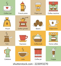 Coffee flat icons set with paper cup french press machine isolated vector illustration