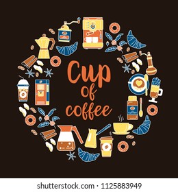 Coffee flat line icons. Round frame - wreath. Simple Set of Coffee and Tea Related Vector Line Icons. Colorful template for your design. For restaurant menus, business and brand design.