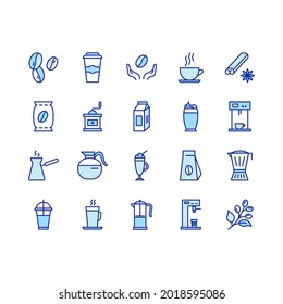 Coffee flat line icons set. Beans, hot cocktail and coffee maker machine. Simple flat vector illustration for store, web site or mobile app. Blue color.