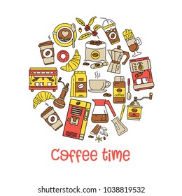 Coffee flat line icons. Simple Set of Coffee and Tea Related Vector Line Icons. Colorful template for your design. For restaurant menus, business and brand design.