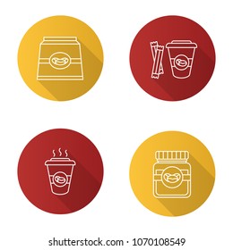 Coffee flat linear long shadow icons set. Coffee paper pack, glass jar and hot drink with sugar. Vector outline illustration