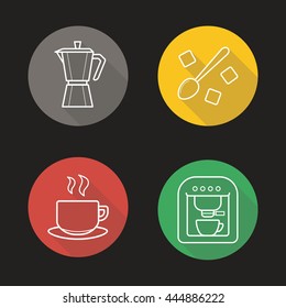 Coffee flat linear long shadow icons set. Classic coffee maker, espresso machine, steaming cup on plate, moka pot, spoon with refined sugar cubes. Vector line symbols