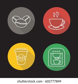 Coffee flat linear long shadow icons set. Roasted coffee beans, espresso machine, steaming mug on plate, takeaway paper cup. Vector line illustration