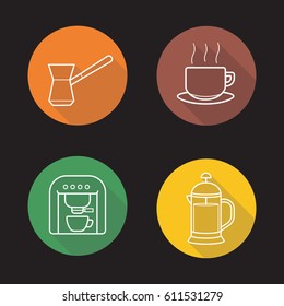 Coffee flat linear long shadow icons set. Turkish cezve, steaming coffee cup on plate, espresso machine, french press. Vector line illustration