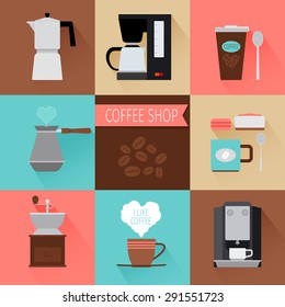 Coffee flat modern icons. Coffee machine and cup of coffee vector illustration
