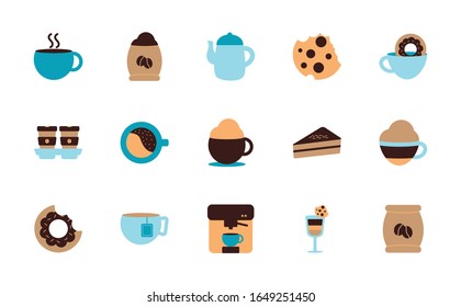 Coffee flat style icon set design of time drink breakfast beverage morning store aroma and caffeine theme Vector illustration