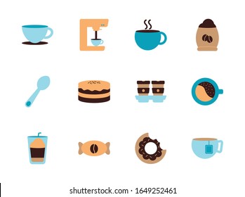 Coffee flat style icon set design of time drink breakfast beverage morning store aroma and caffeine theme Vector illustration