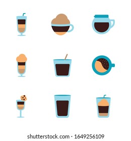Coffee-Flachstil Icon Set Design-Set für Time Drink Frühstück Getränke-Morgenladen Aroma und Coffein Thema Vektorillustration Illustration