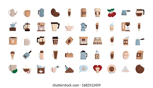Coffee flat style icon set design of time drink breakfast beverage shop morning store aroma and caffeine theme Vector illustration