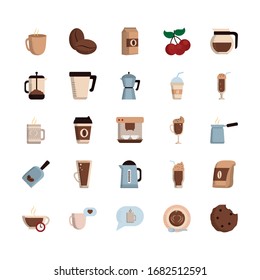 Coffee flat style icon set design of time drink breakfast beverage shop morning store aroma and caffeine theme Vector illustration