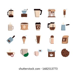 Coffee flat style icon set design of time drink breakfast beverage shop morning store aroma and caffeine theme Vector illustration