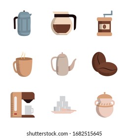 Coffee flat style icon set design of time drink breakfast beverage shop morning store aroma and caffeine theme Vector illustration