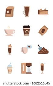 Coffee flat style icon set design of time drink breakfast beverage shop morning store aroma and caffeine theme Vector illustration
