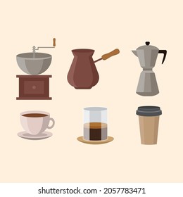 Coffee flat vector set cafe coffee maker geyser coffee maker coffee grinder cold brew espresso ristretto takeaway eco pack paper cup