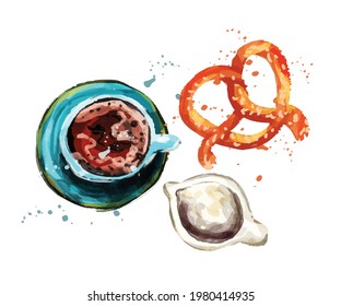 Coffee flatlay vector illustration. Watercolor coffee, pretzel, milk. Beautiful art.