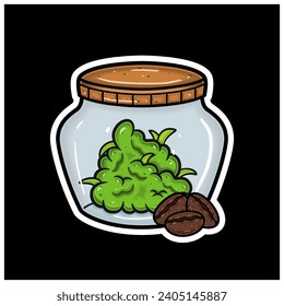 Coffee Flavor With Cartoon Mascot of Weed Bud On Jar. For Sticker and label. Vector and Illustration.