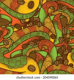 Coffee flavor hand drawn graphic ornate. Warm colors seamless pattern.