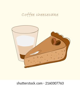 Coffee flavored cheesecake vector illustration. Sweet tasty dessert. Food illustration. Menu design. Cook book.