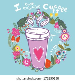 Coffee with floral design elements. Vector illustration.