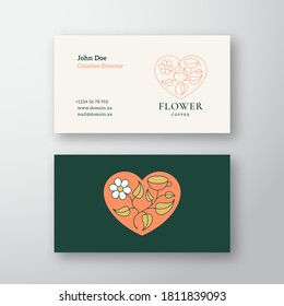 Coffee Flower Abstract Vector Sign, Symbol or Logo and Business Card Template. Leaves with Cup in a Heart Frame with Typography. Premium Stationary Realistic Mock Up. Isolated.