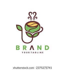 Diseño del logo de la flor de café. Diseño del logotipo de plantilla con taza, granos de café y vástago de flores.