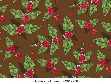 Coffee flowers and berries freehand drawing pattern design