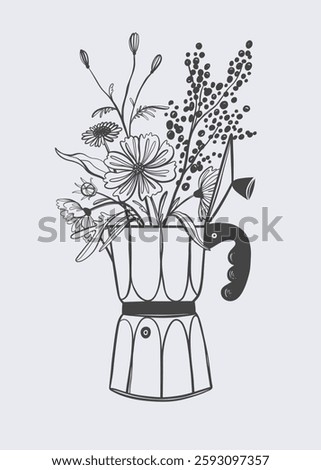 Coffee and flowers. Concept for wall art, home decoration, poster design, shirt, print, stamp or tee.
