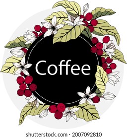 coffee flowers and fruits round round frame with coffee logo