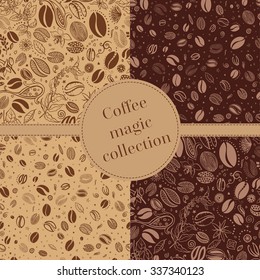 Coffee and coffee flowers magic collection set. Seamless vector coffee patterns, package design, floral botanic natural texture.