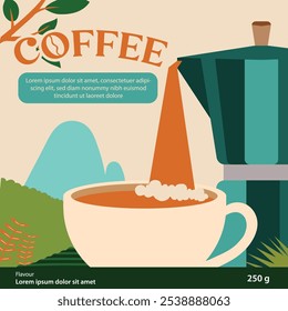 Coffee flowing from the moka pot that falls directly into the cup provides a natural feel for every coffee lover, suitable for Arabica coffee label designs that emphasize the natural taste of nature.