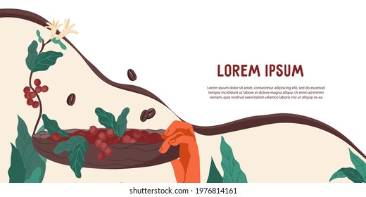 Coffee flyer or banner design with basket of coffee beans, flat vector illustration. Design For web banner and packaging prints of coffee products.