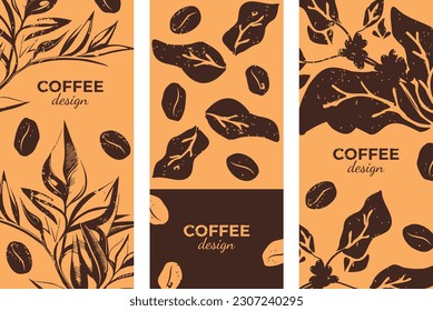 El juego de diseño del folleto del café. Árbol de café vectorial, granos de café, tonos de café. Volante, afiche, plantilla de banner. Elementos de diseño.