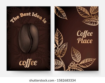 Coffee flyers. Coffee time background with realistic bean and hand drawn branches. Vector cafe brochure template
