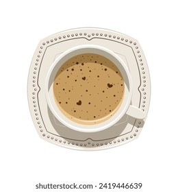 Coffee with foam in a beautiful cup. Flat lay top view. Vector illustration.