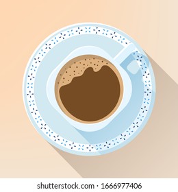 Coffee with foam in a cup and with a saucer. Vector illustration of top view. Great for graphic design of posters, postcards, menus of cafes etc. The central part can be used as a frame for text.