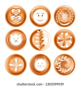 Coffee foam drawing or picture energetic drink creaFoam drawing or picture coffee energetic drink creative presentation isolated vector icons heart and face floral patterns mouse and flower cat and le