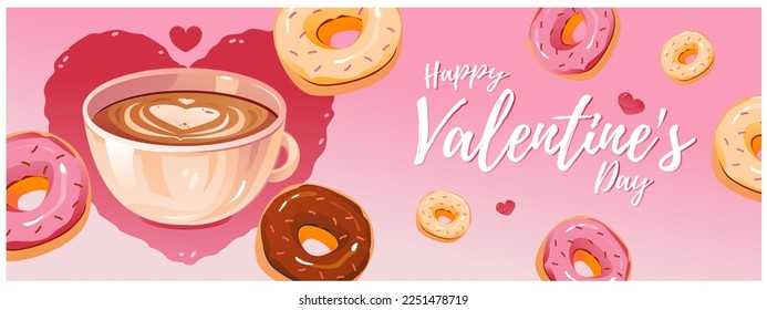 Café con corazón de espuma y donuts. Postre para el Día de San Valentín. Plantilla para un banner web, postcard, post en una red social.