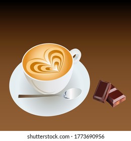 Coffee with a foam heart pattern and a dark chocolate bar. A white Cup with a teaspoon in a saucer. Cappuccino