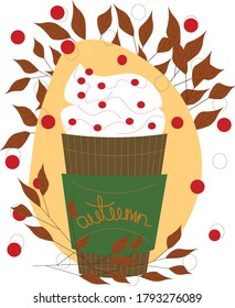 Coffee with foam on an autumn theme in a vector illustration